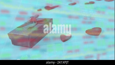 Image of gift box and heart shapes over moving graphs and trading board Stock Photo