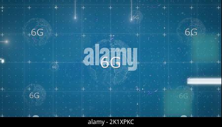 Image of interference over globe with 6g text on blue background Stock Photo