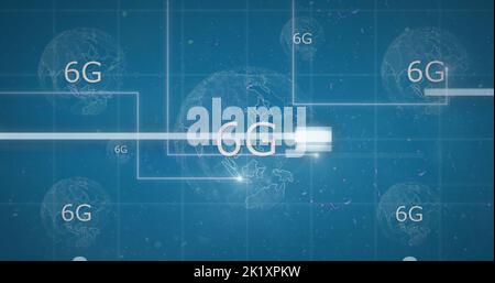 Image of interference over globe with 6g text on blue background Stock Photo