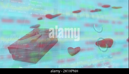 Image of gift box and heart shapes over moving graphs and trading board Stock Photo