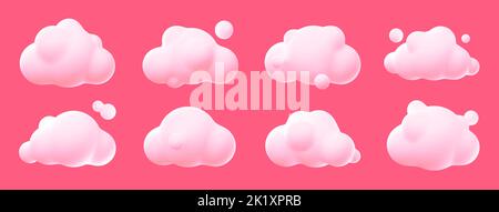 3D illustration set of white clouds isolated on pink background. Collection of soft, round, fluffy cotton-like piles of vapor floating in heavenly sky. Natural beauty. Game ui design elements bundle Stock Photo