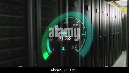Image of data processing and server room over speedometer Stock Photo