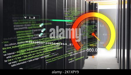 Image of data processing and server room over speedometer Stock Photo