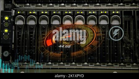 Image of data processing and server room over speedometer Stock Photo