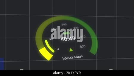 Image of data processing and world map over speedometer Stock Photo