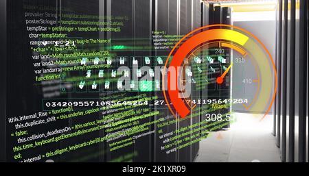 Image of data processing and server room over speedometer Stock Photo