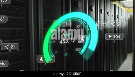 Image of data processing and server room over speedometer Stock Photo