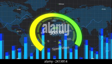 Image of data processing and world map over speedometer Stock Photo