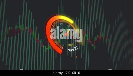 Image of data processing over speedometer Stock Photo