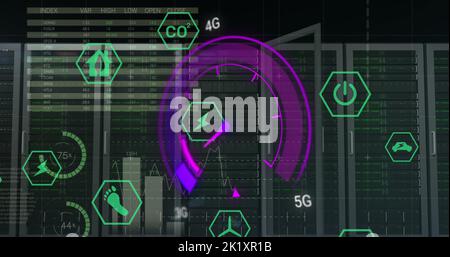 Image of data processing and server room over speedometer Stock Photo