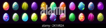 Cartoon dragon eggs, dinosaur and reptile ui game assets isolated vector set. Magic eggs collection with colorful textures, pimples, ice crystal, glowing, fire and power energy shells gui graphics Stock Vector