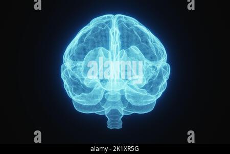 Glowing X-ray image of human brain in blue wireframe on isolated black background. Science and medical concept. In front of brain. 3D illustration ren Stock Photo