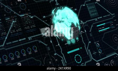 Green blue earth user interface head up display with HUD element and white grid on black background. Business technology and science concept. 3D illus Stock Photo