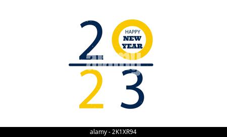 Happy New Year 2023 blue and yellow text on white background. Holiday and festival concept. 3D illustration rendering Stock Photo