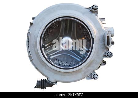 isolated Stainless steel metal drum plastic details washing machine on white Stock Photo