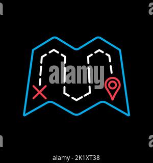 Map with route vector isolated on black background icon. Navigation sign. Graph symbol for travel and tourism web site and apps design, logo, app, UI Stock Vector