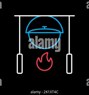 Camping pot over a bonfire vector isolated on black background icon. Hiking sign. Graph symbol for travel and tourism web site and apps design, logo, Stock Vector