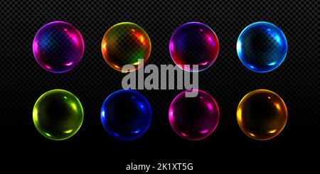 Neon soap bubbles, rainbow colorful iridescent glass balls or spheres isolated on transparent background. Water foam, shiny bright soapy circles, Realistic 3d vector illustration, set Stock Vector