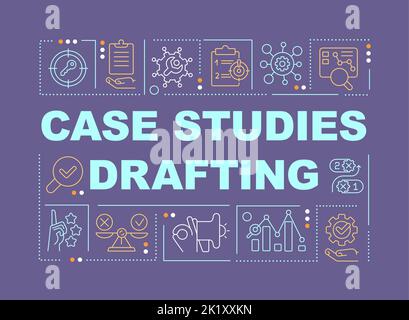Case studies drafting word concepts dark purple banner Stock Vector