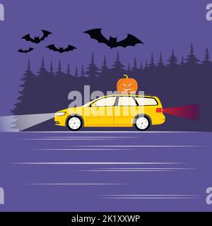 A car carries a pumpkin for Halloween against the backdrop of a night forest and bats. Stock Vector