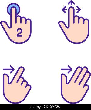 Drag and swipe gestures pixel perfect RGB color icons set Stock Vector