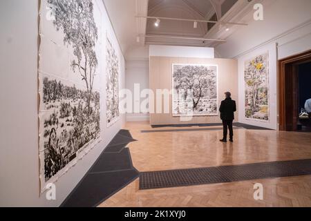The largest  exhibition  at the Royal Academy of Arts by South Africa artist William Kentridge  born in Johannesburg in 1955  spanning 40 years of his careeer which includes suites of etchings and linocuts and larg-scale charcola drawings and short films .The exhibition runs from 24 September -11 December. Credit: amer ghazzal/Alamy Live News. Stock Photo