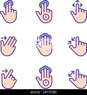Multitouch gestures pixel perfect RGB color icons set Stock Vector