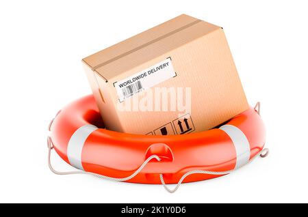 Parcel inside lifebuoy. Safety delivery concept. 3D rendering isolated on white background Stock Photo
