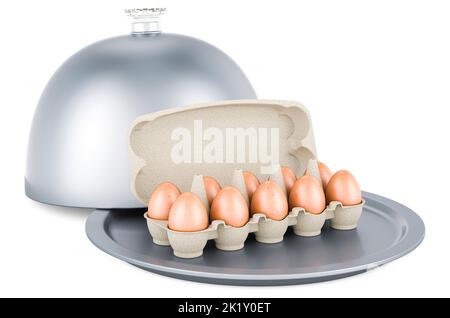 Restaurant cloche with eggs in an egg carton, 3D rendering isolated on white background Stock Photo