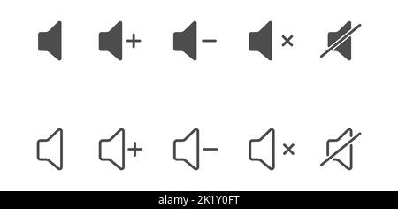 Volume icon. Sound controls. A set of symbols for the volume and control interface. Empty outline and filled silhouette, flat style. Stock Vector
