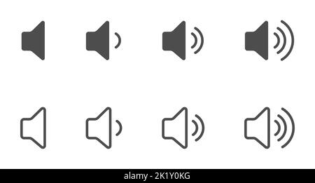 Volume icon. Sound controls. A set of symbols for the volume and control interface. Empty outline and filled silhouette, flat style. Stock Vector