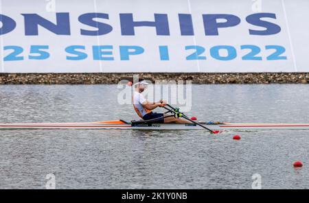 Racice, Czech Republic. 21st Sep, 2022. Melvin Twellaar of Netherlands competing during Day 4 of the 2022 World Rowing Championships at the Labe Arena Racice on September 21, 2022 in Racice, Czech Republic. Credit: Ondrej Hajek/CTK Photo/Alamy Live News