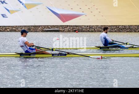 From left Graeme Thomas of Great Britain and Stefanos Ntuskos of Greece competing during Day 4 of the 2022 World Rowing Championships at the Labe Arena Racice on September 21, 2022 in Racice, Czech Republic. (CTK Photo/Ondrej Hajek)