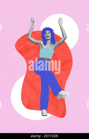 Exclusive minimal magazine sketch collage of funky funny young girl student comics style painting clothes hair dancing have fun party disco Stock Photo
