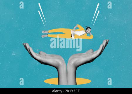 Creative 3d photo artwork graphics collage of funky falling young man painting clothes big palms support catch insurance friend family help Stock Photo
