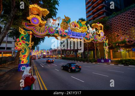 Colourful street decorations in Little India during the Diwali annual festival also known as the Festival of Lights. Little India, Singapore Stock Photo