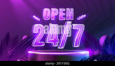Neon banner open time, 24 hours poster, city signboard. Vector illustration Stock Vector