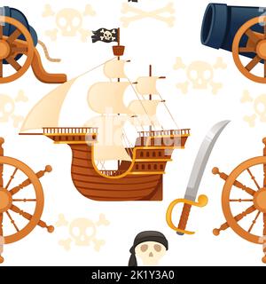 Seamless pattern of pirate theme with ship skull and weapon vector illustration on white background Stock Vector