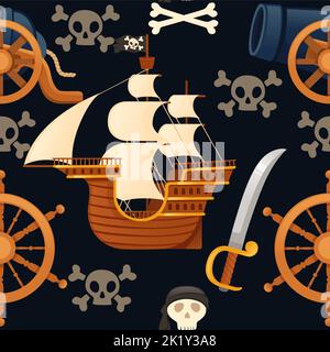 Seamless pattern of pirate theme with ship skull and weapon vector illustration on dark background Stock Vector