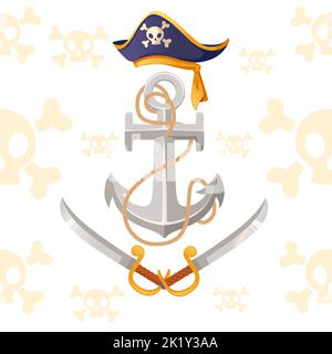 Seamless pattern Shiny steel anchor with rope sabre and hat vector illustration on white background Stock Vector