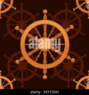 Seamless pattern Wooden ship helm vector illustration on brown background Stock Vector