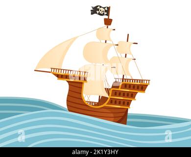 Wooden medieval pirate ship with white sails and black pirate flag galleon war wessel vector illustration isolated on white background Stock Vector