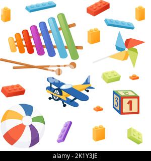 Seamless pattern collection of children toys soft and plastic material color vector illustration on white background Stock Vector