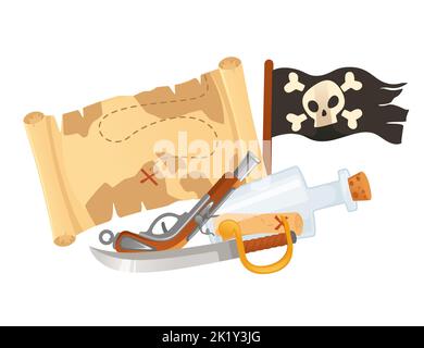 Illustration of pirate theme with treasure map flag and weapons vector illustration isolated on white background Stock Vector