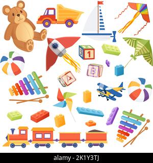 Seamless pattern collection of children toys soft and plastic material color vector illustration on white background Stock Vector