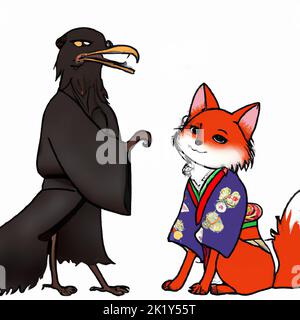 fox wearing japanese kimono  and black raven crow illustration artwork Stock Photo