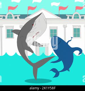 shark and a whale dancing in front of white house illustration drawing artwork sketch Stock Photo