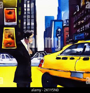 Watercolor hand drawn illustration of street view in New York at night, people at street walking, yellow taxi. Manhattan watercolor drawing, print tem Stock Photo