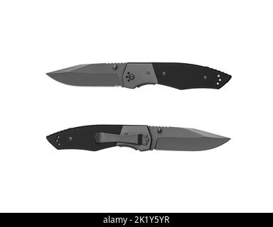 Pocket folding knife isolate on white background. Compact metal sharp knife with a folding blade. Stock Photo