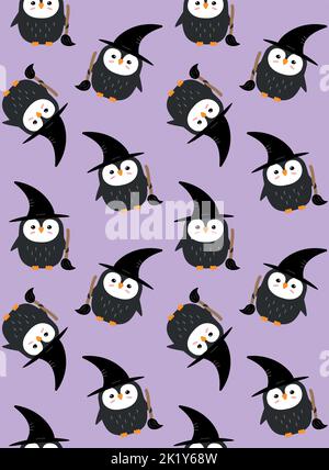 Vector seamless pattern of flat hand drawn Halloween penguin with witch hat and broom isolated on purple background Stock Vector
